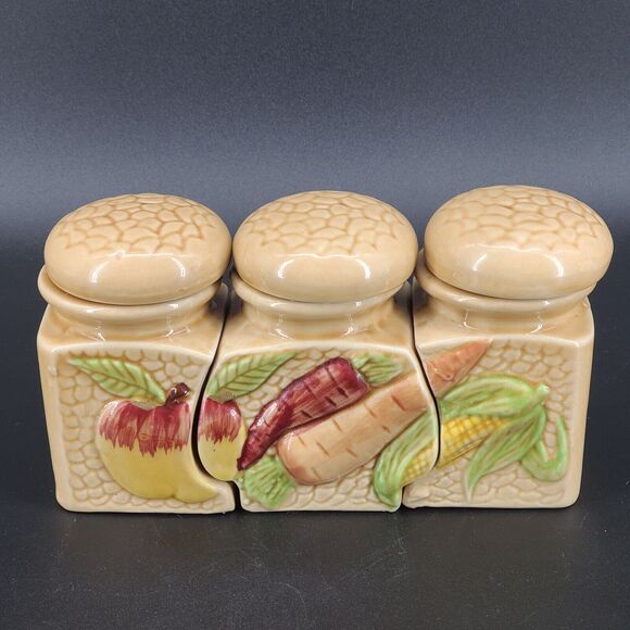 Vintage SAC Ceramic Spice Canisters Jars Set of 3 Retro Veggies Vegetables - Picture 2 of 6